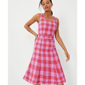 Ann Taylor Womens Midi Dress 14 Plaid Belted Pink Lila Scoop Neck Sleeveless